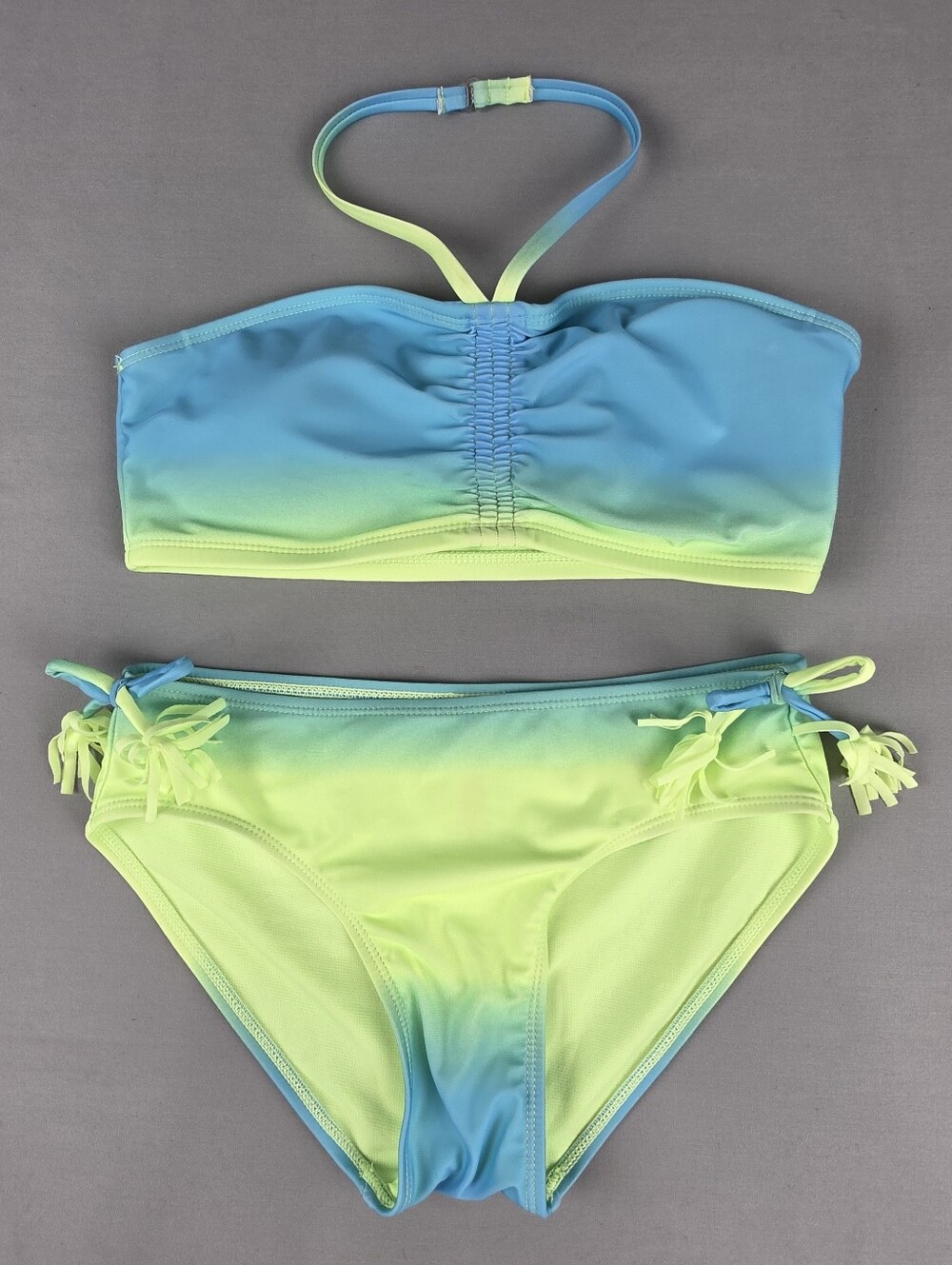 Girls Ombre 2 Piece Bikini Bandeau Swimsuit Set Colorful Neon Tassles L 12/14